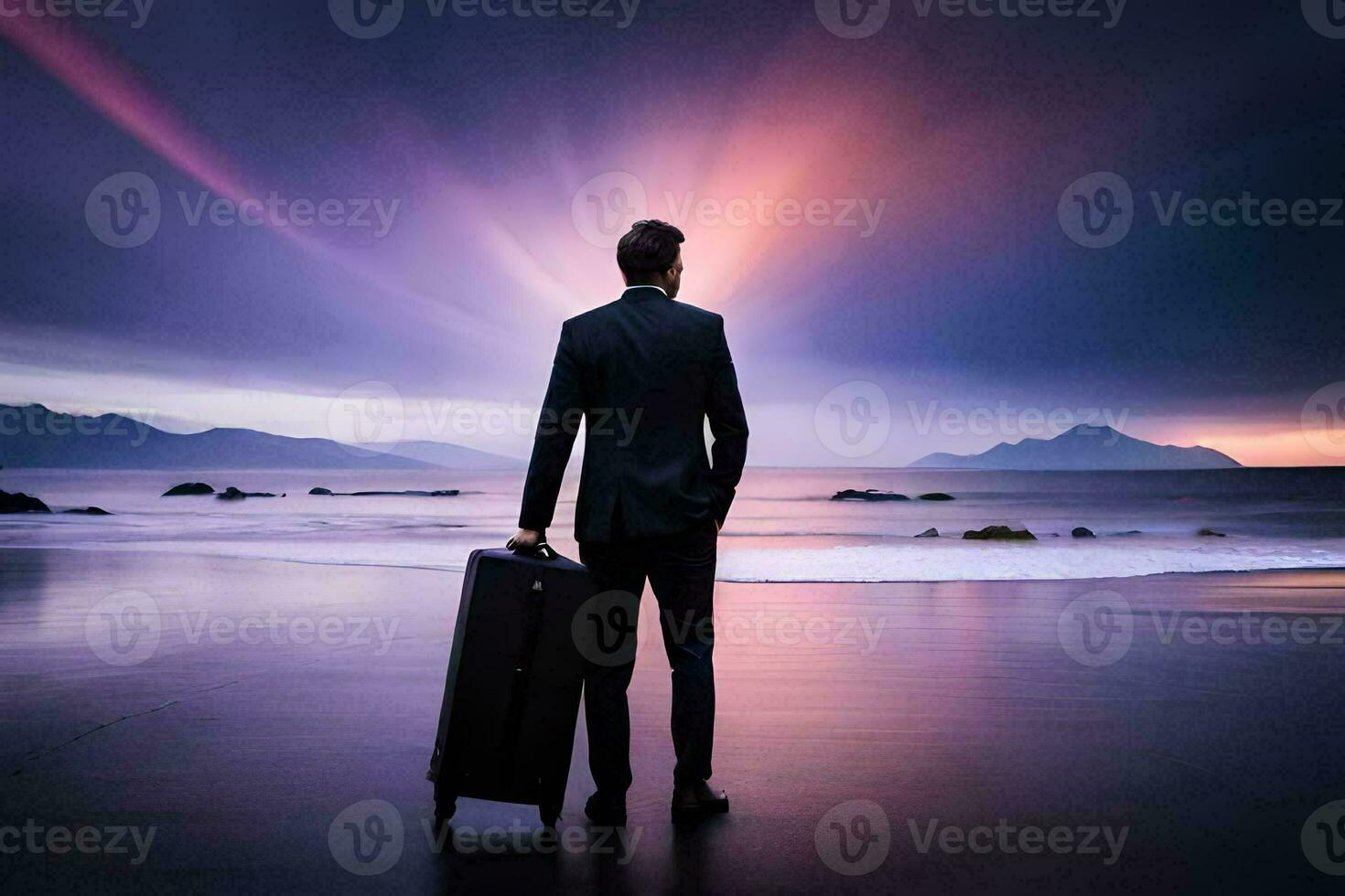 a man in a suit standing on the beach with a suitcase. AI-Generated photo