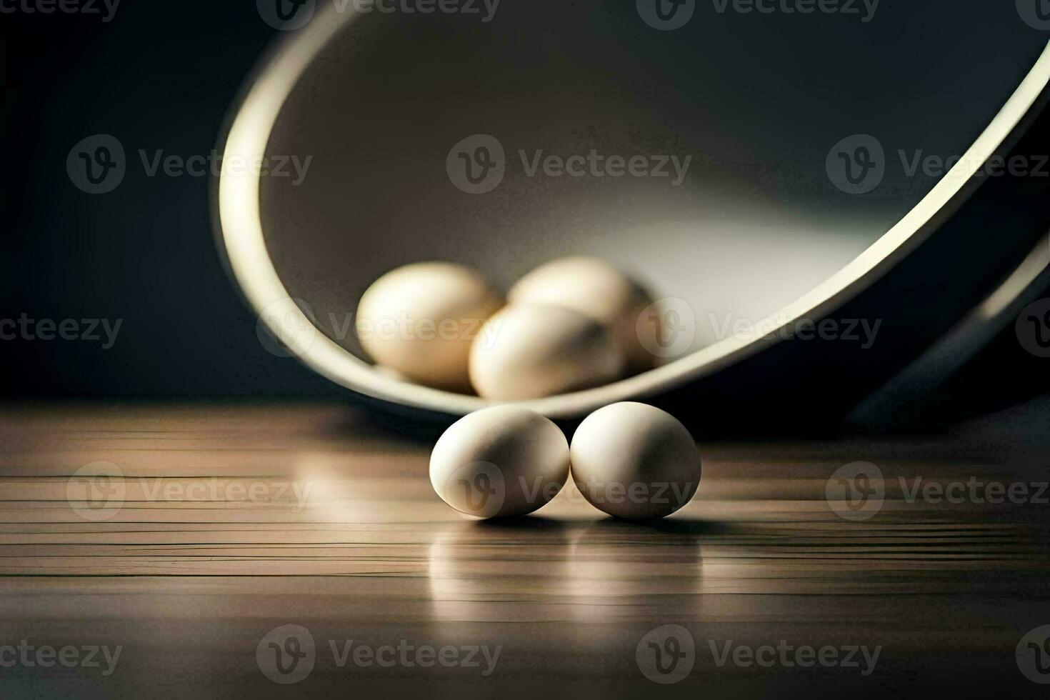 three eggs on a table in front of a bowl. AI-Generated photo