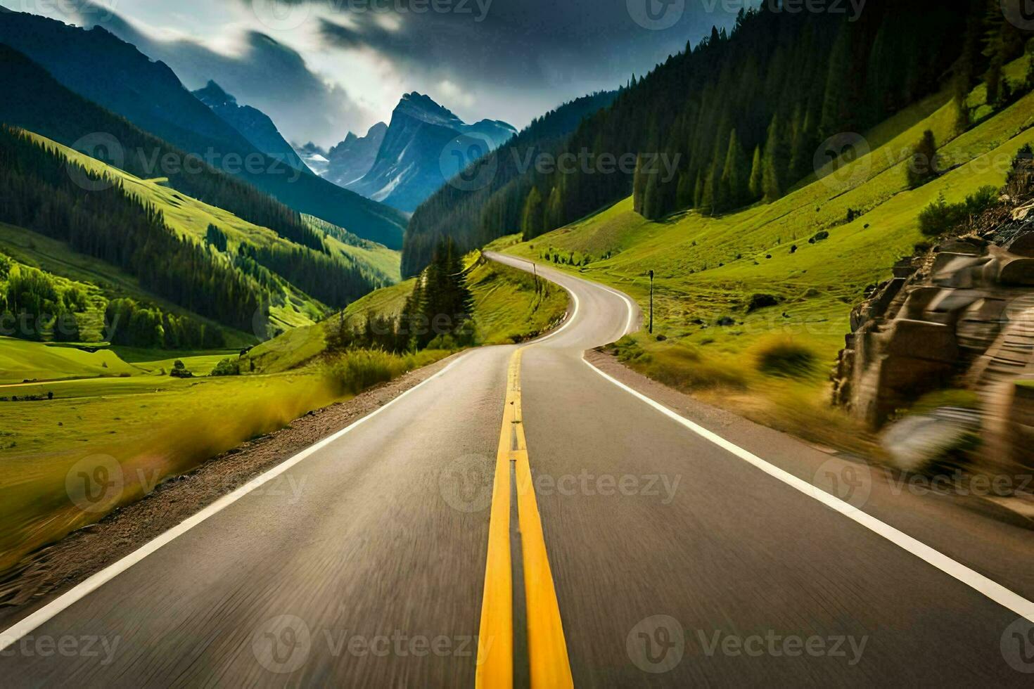 a road in the mountains with mountains in the background. AI-Generated photo