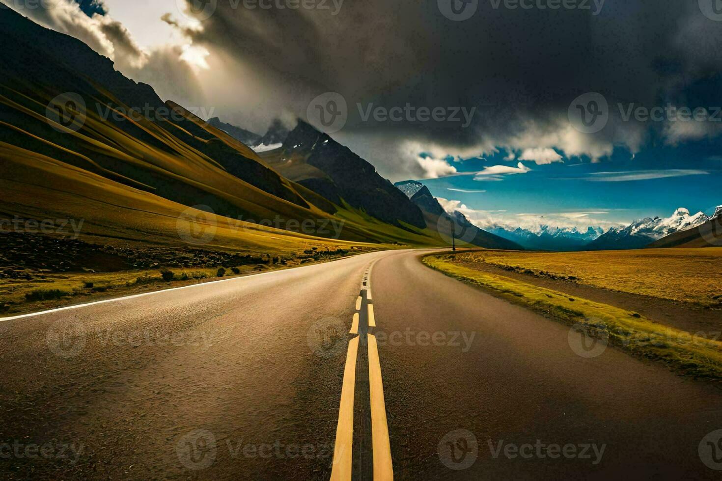 a road in the mountains with a stormy sky. AI-Generated photo