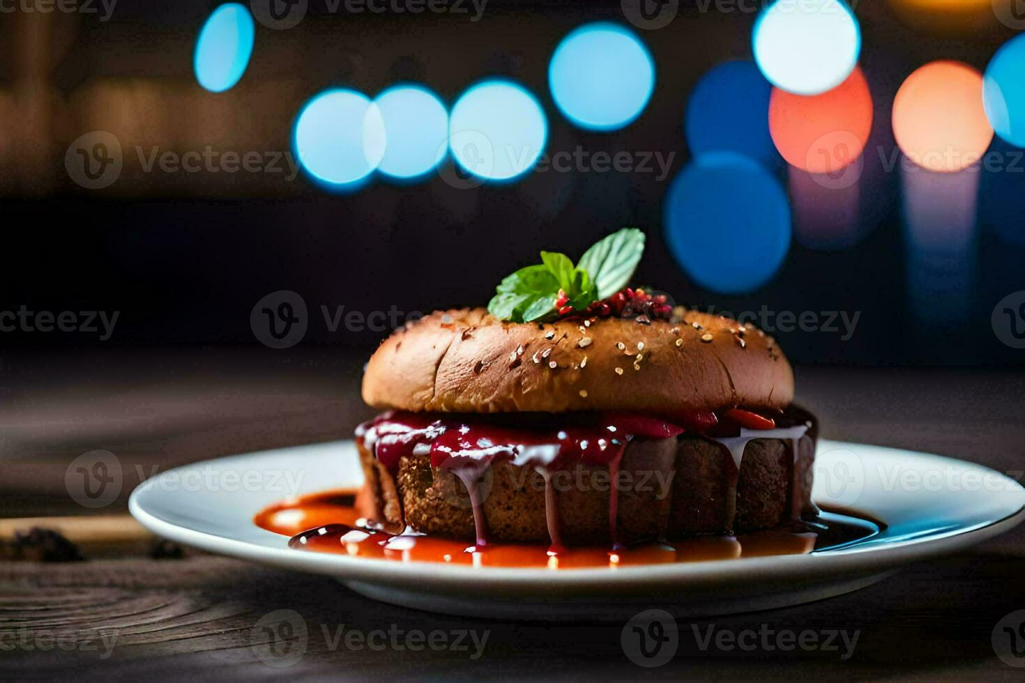 a hamburger with sauce on a plate. AI-Generated photo