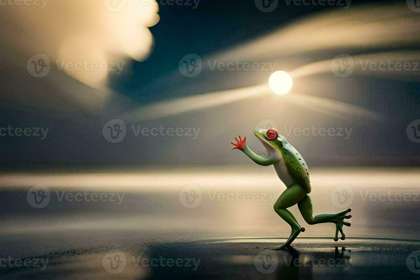 a frog is jumping in the water with a full moon in the background. AI-Generated photo