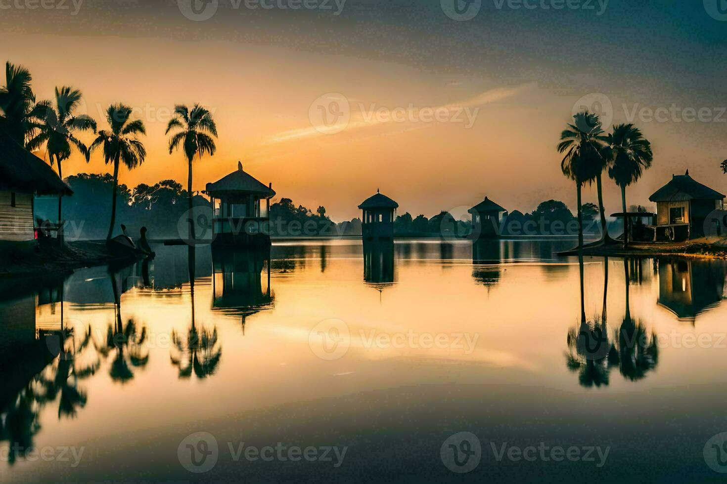 a lake with palm trees and a house at sunset. AI-Generated photo