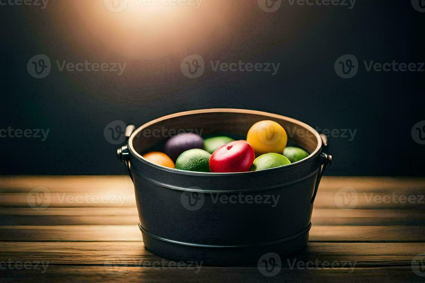 easter eggs in a bucket on a wooden table. AI-Generated photo