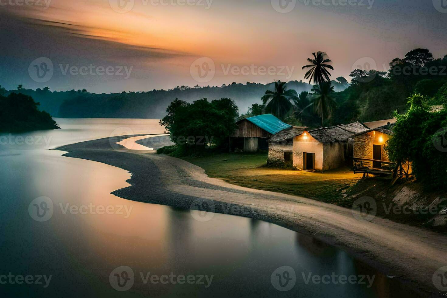 a house sits on the shore of a river at sunset. AI-Generated photo
