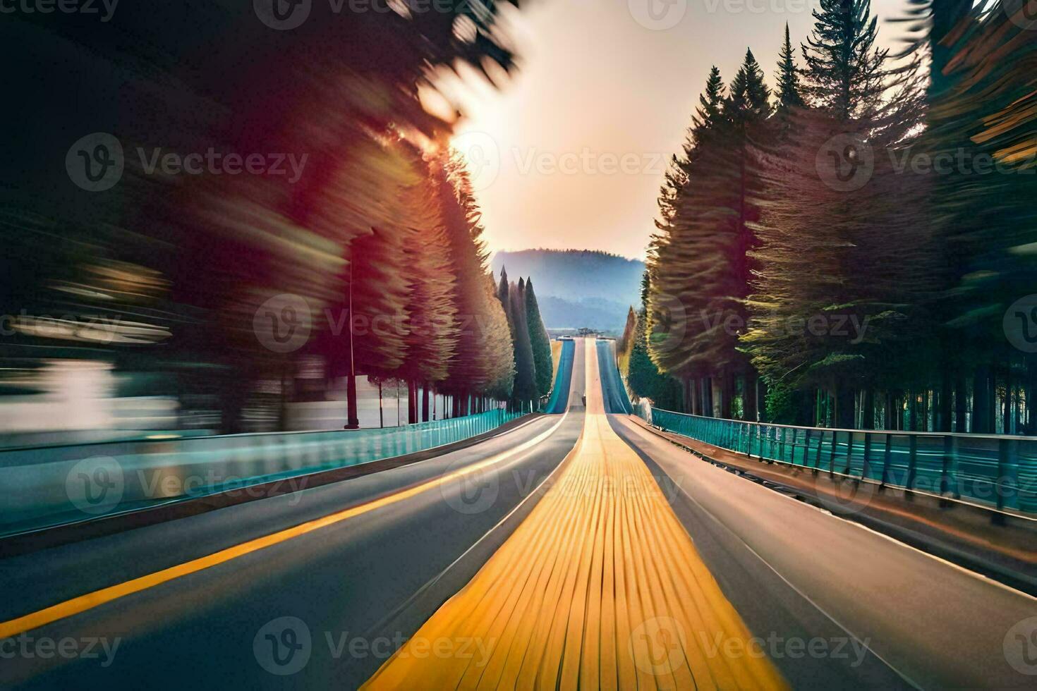 a blurry image of a road with trees and a yellow line. AI-Generated photo