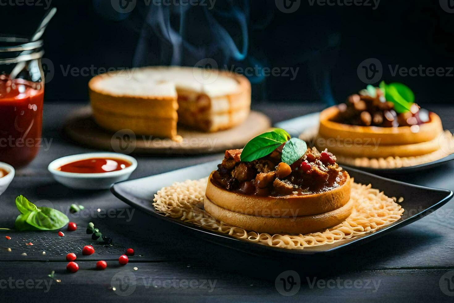two small plates with food on them. AI-Generated photo