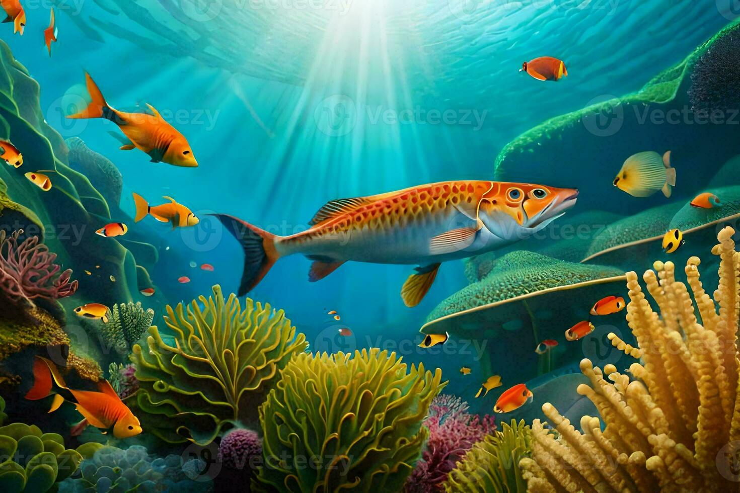 fish swimming in the ocean with coral reefs and other fish. AI-Generated photo