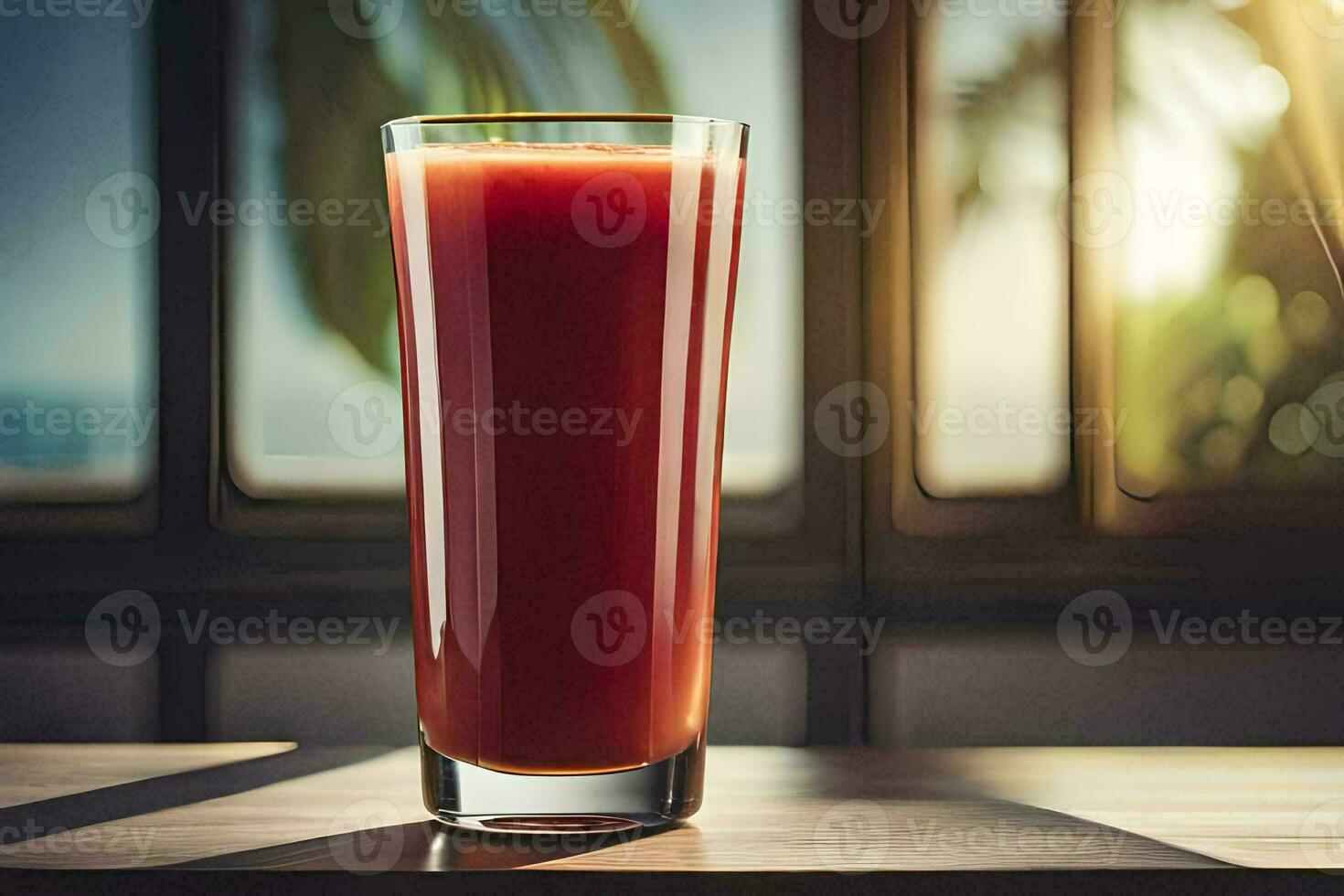 un vaso de jugo sentado en un mesa en frente de un ventana. generado por ai foto