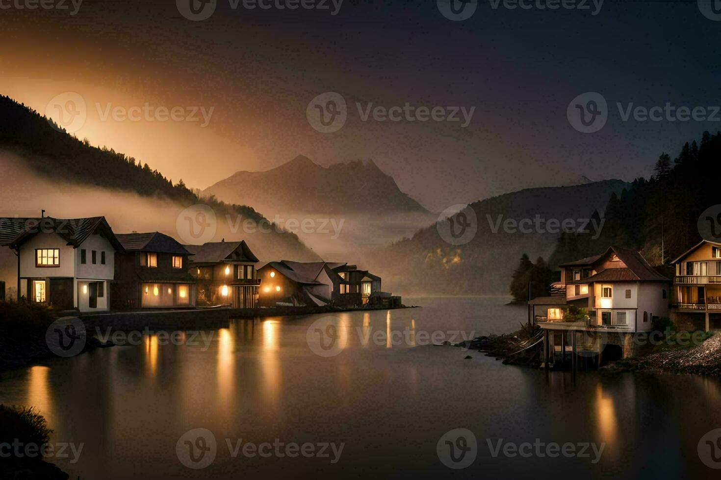 a town at night with houses on the water. AI-Generated photo