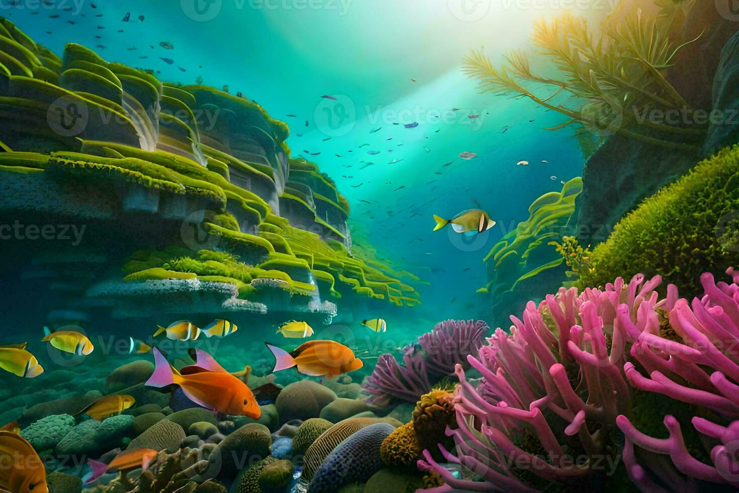 an underwater scene with coral reefs and fish. AI-Generated photo