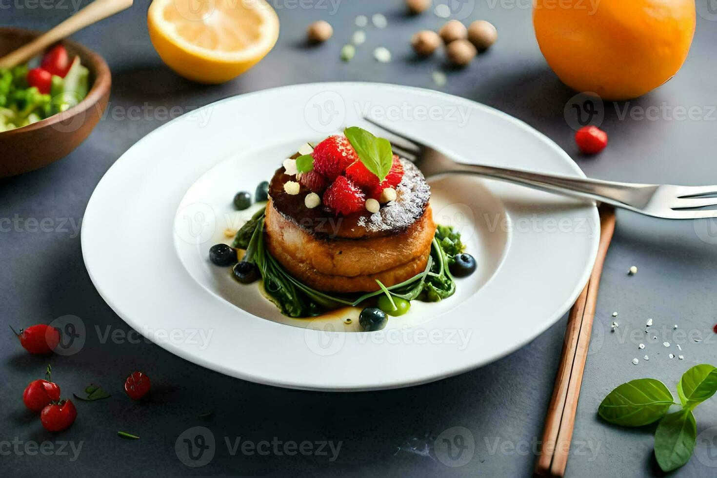 a plate with a dish of food on it. AI-Generated photo