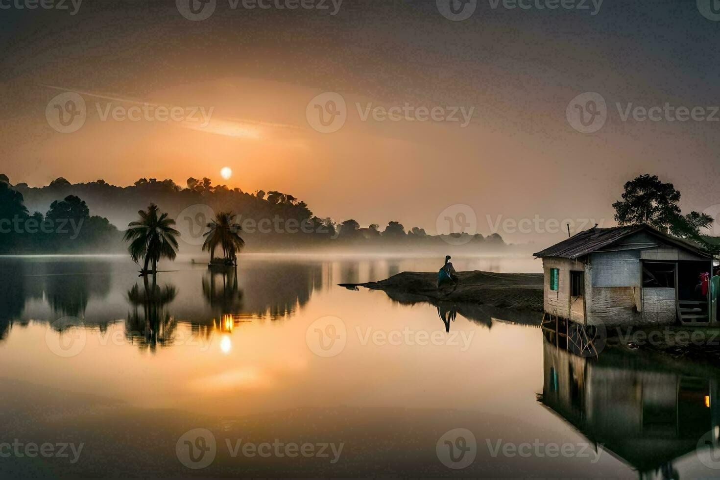 un pequeño casa se sienta en el apuntalar de un lago a amanecer. generado por ai foto