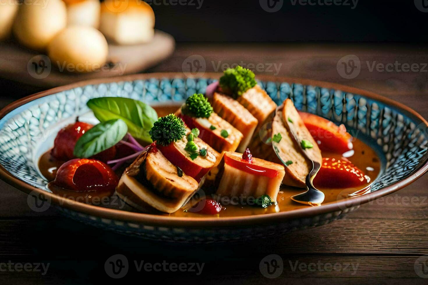 a plate of food with meat and vegetables. AI-Generated photo