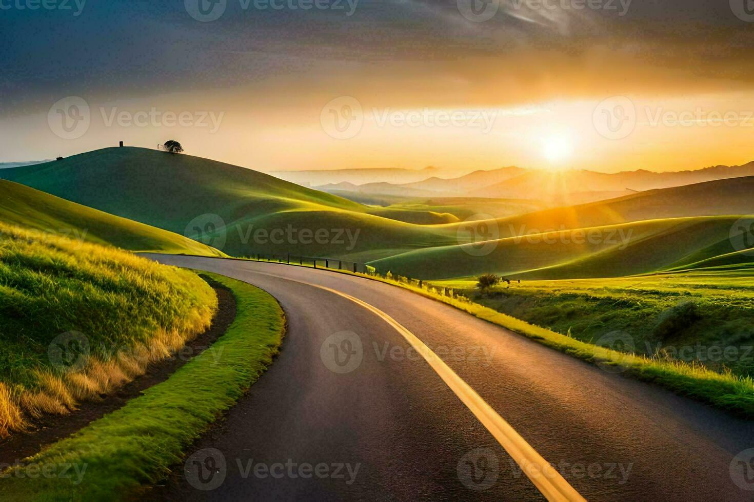 a road winding through the hills at sunset. AI-Generated photo