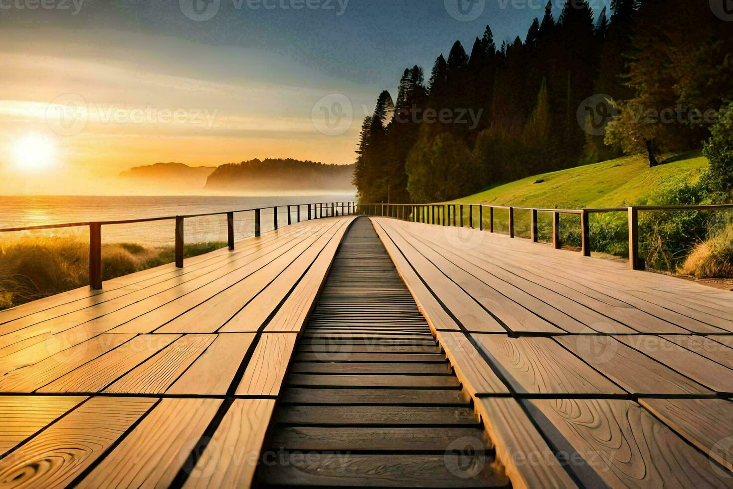 a wooden walkway leads to the ocean at sunset. AI-Generated photo