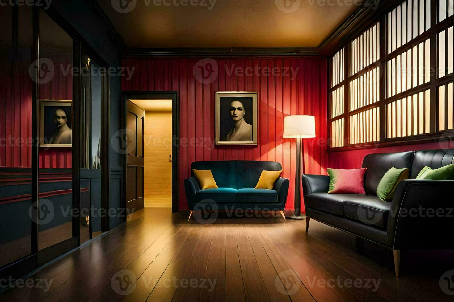 a living room with red walls and black furniture. AIGenerated 33458195