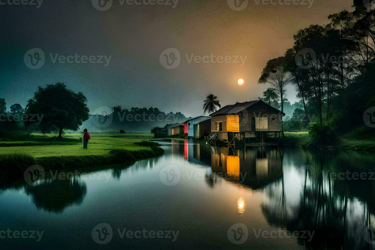 a man is standing on the bank of a river at night. AI-Generated photo