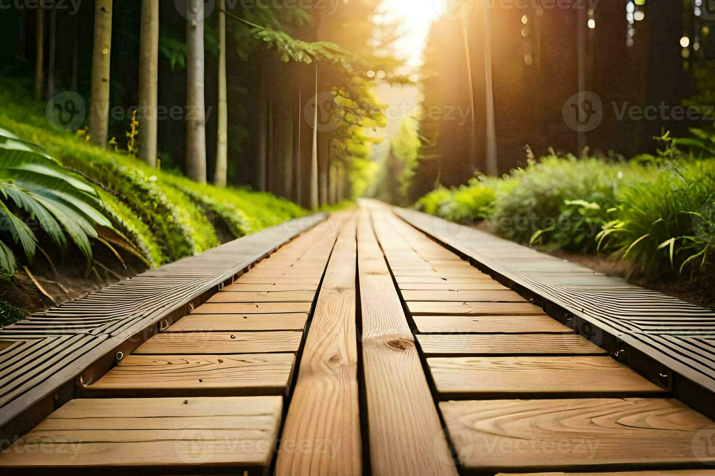 a wooden walkway in the middle of a forest. AI-Generated photo