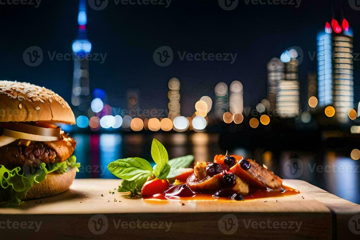 a hamburger and a salad with a city skyline in the background. AI-Generated photo