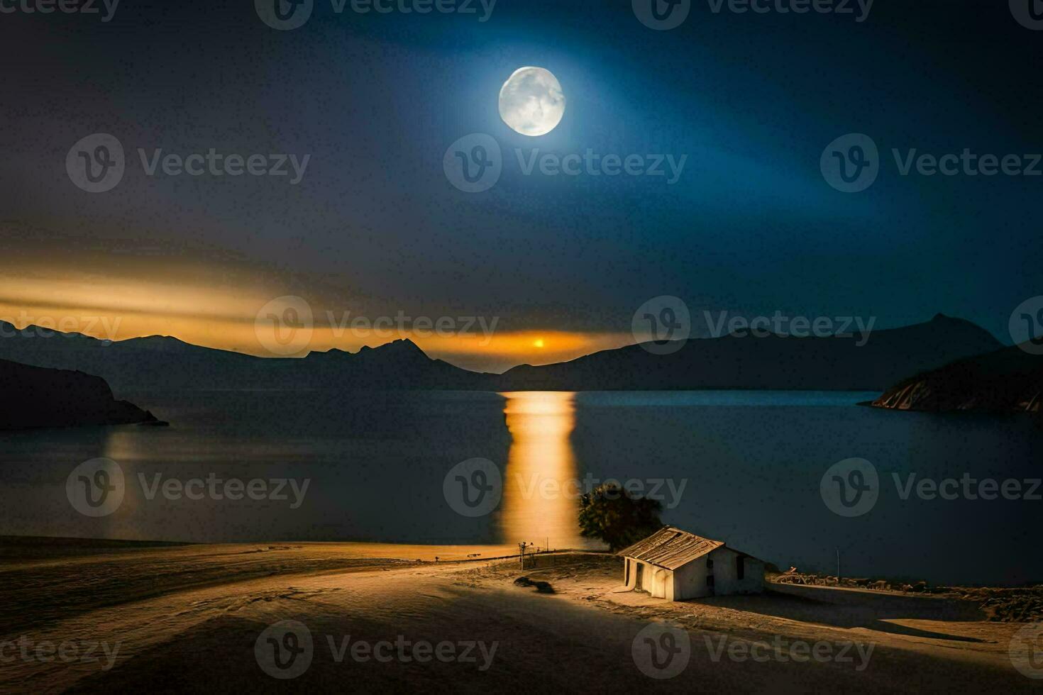 a small house sits on the shore of a lake at night. AI-Generated photo