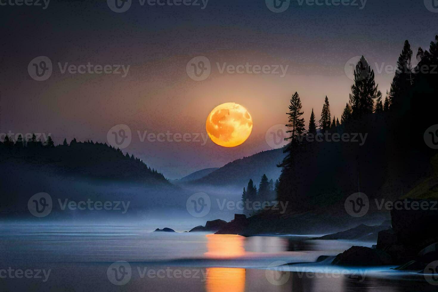 the moon rises over a lake and forest. AI-Generated photo