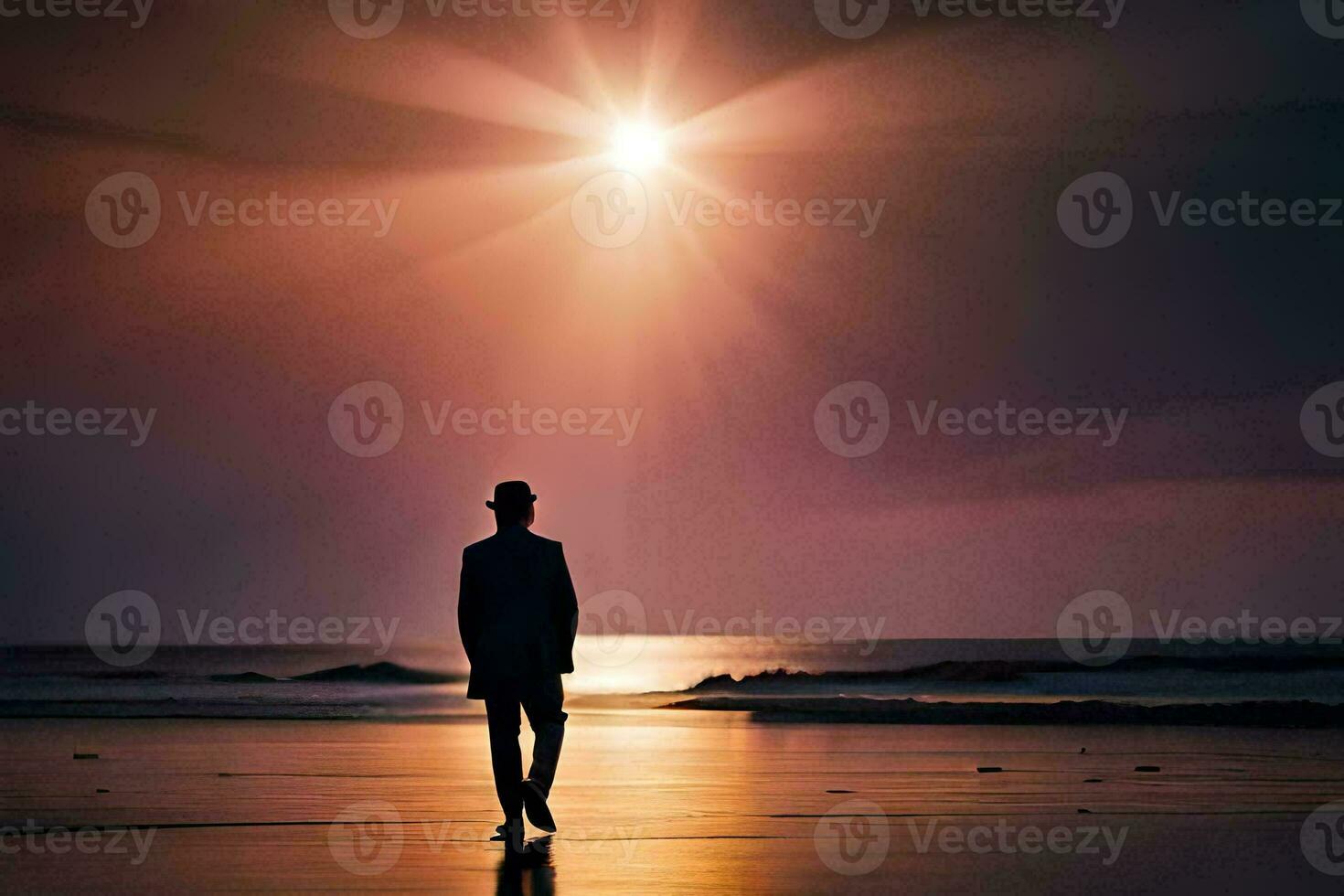 un hombre caminando en el playa a puesta de sol. generado por ai foto