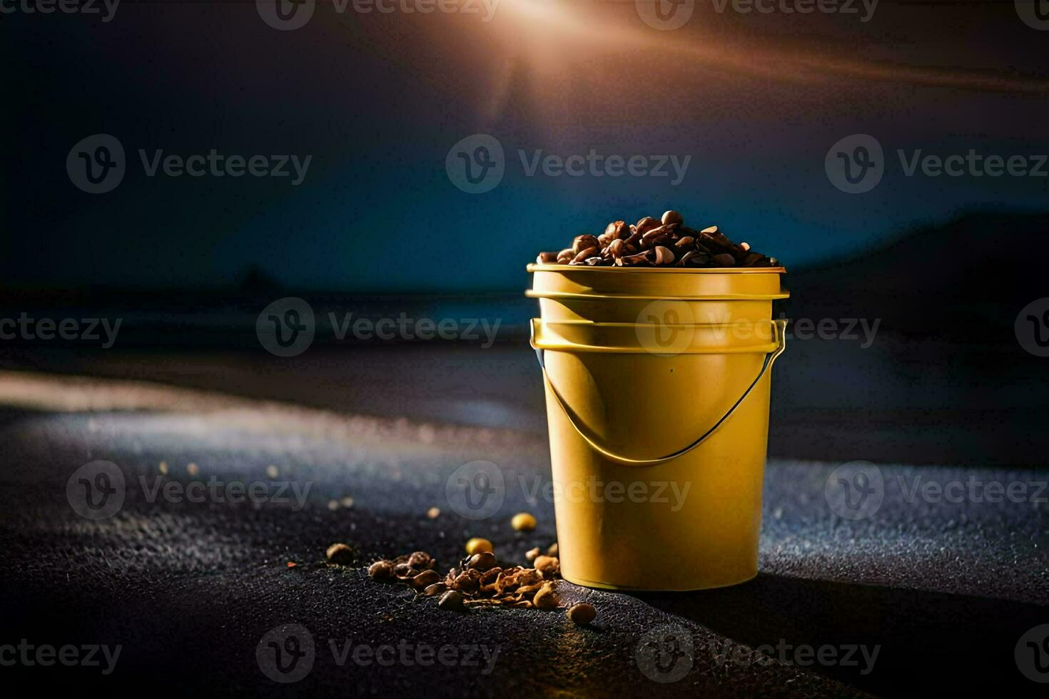 a bucket of peanuts on the beach. AI-Generated photo