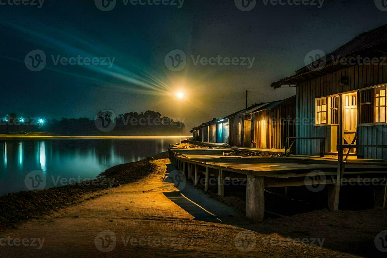 photo wallpaper the moon, water, the night, the lake, the dock, the boats,. AI-Generated