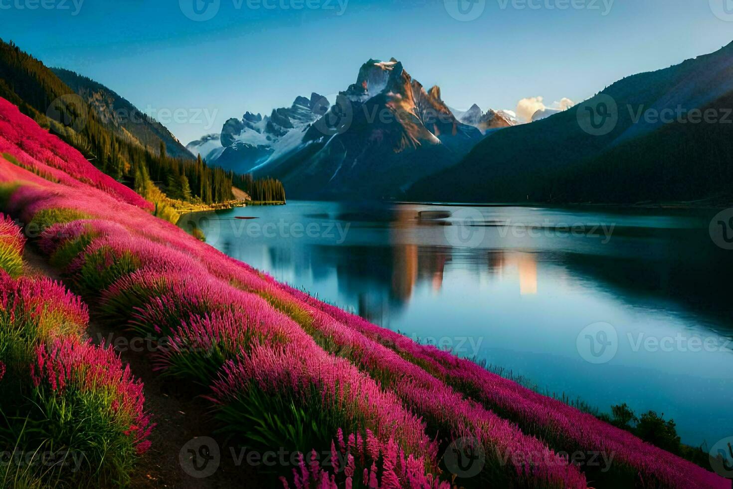 the flowers are blooming in the mountains, and the lake is reflecting the sun. AI-Generated photo