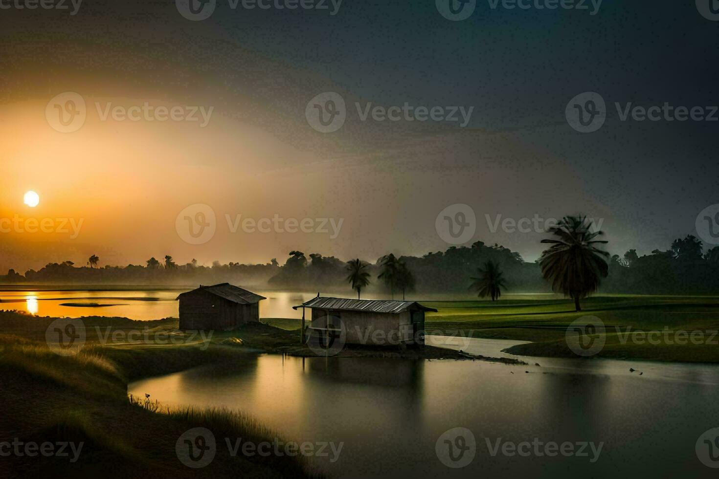 a small house sits on the edge of a lake at sunset. AI-Generated photo