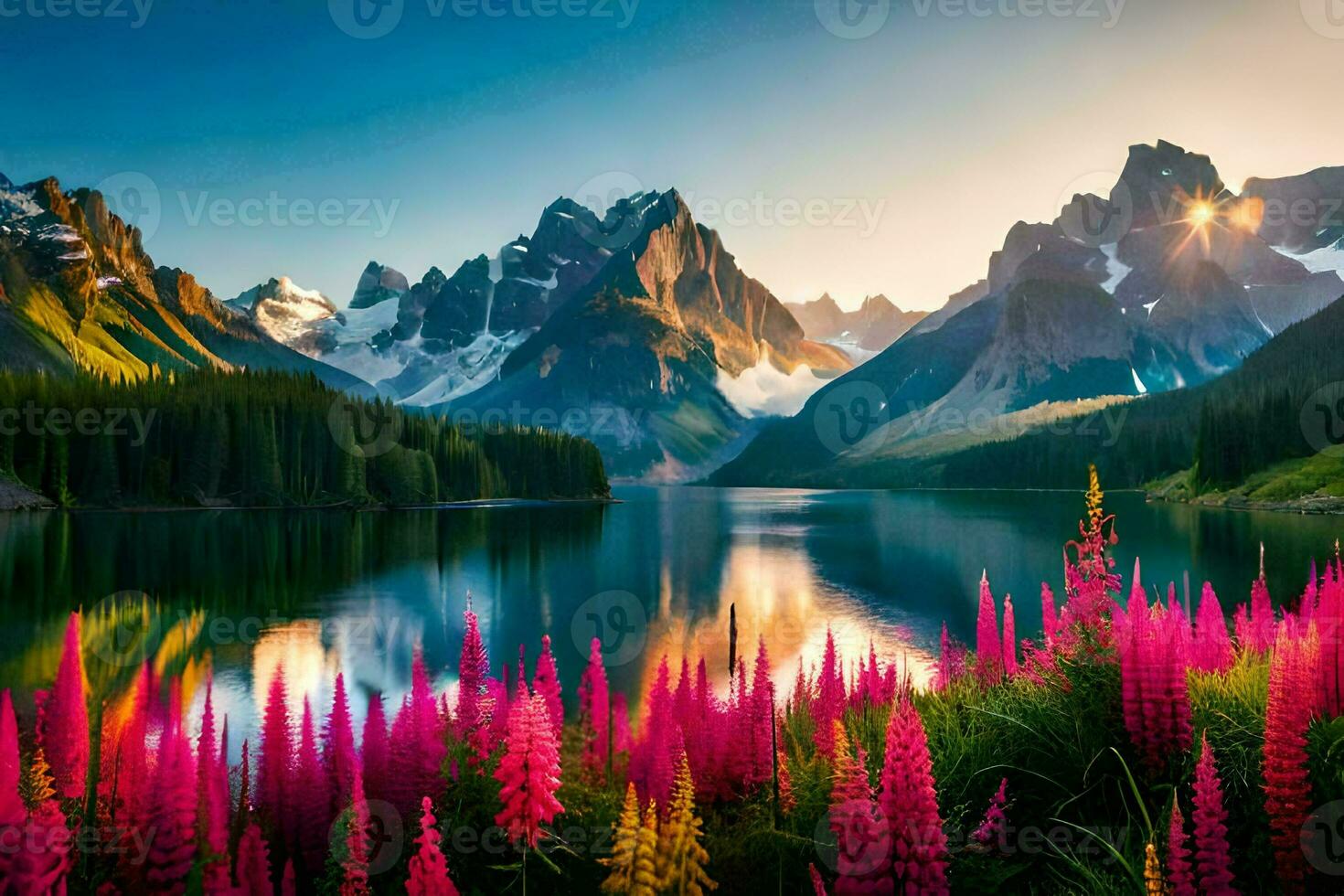 beautiful landscape with flowers and mountains. AI-Generated photo