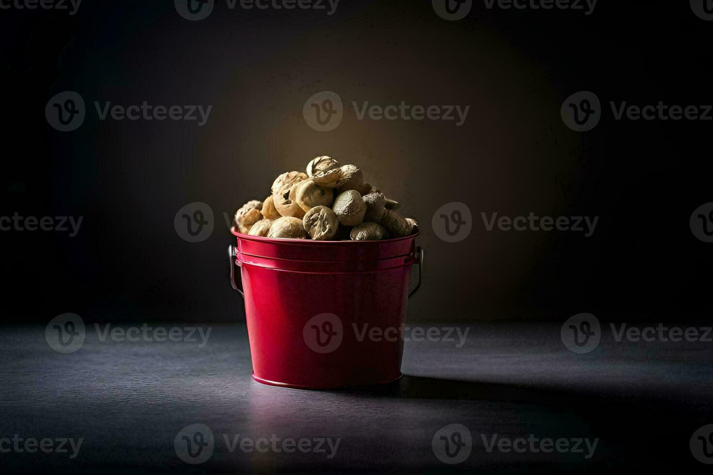 a red bucket filled with nuts on a dark background. AI-Generated photo