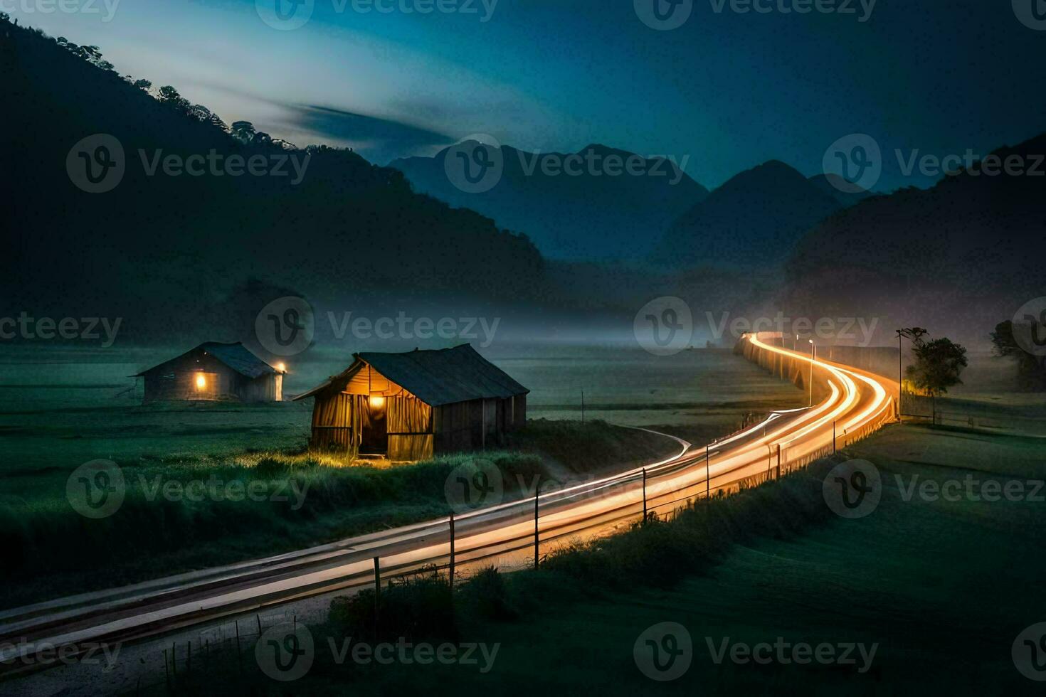 a long exposure photo of a road and a barn in the fog. AI-Generated