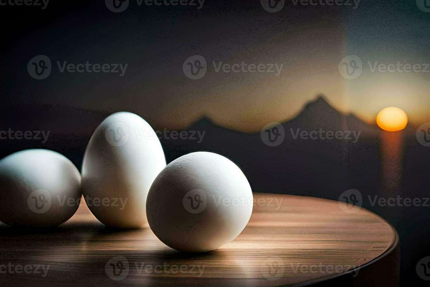 three eggs on a table with a sunset in the background. AI-Generated photo