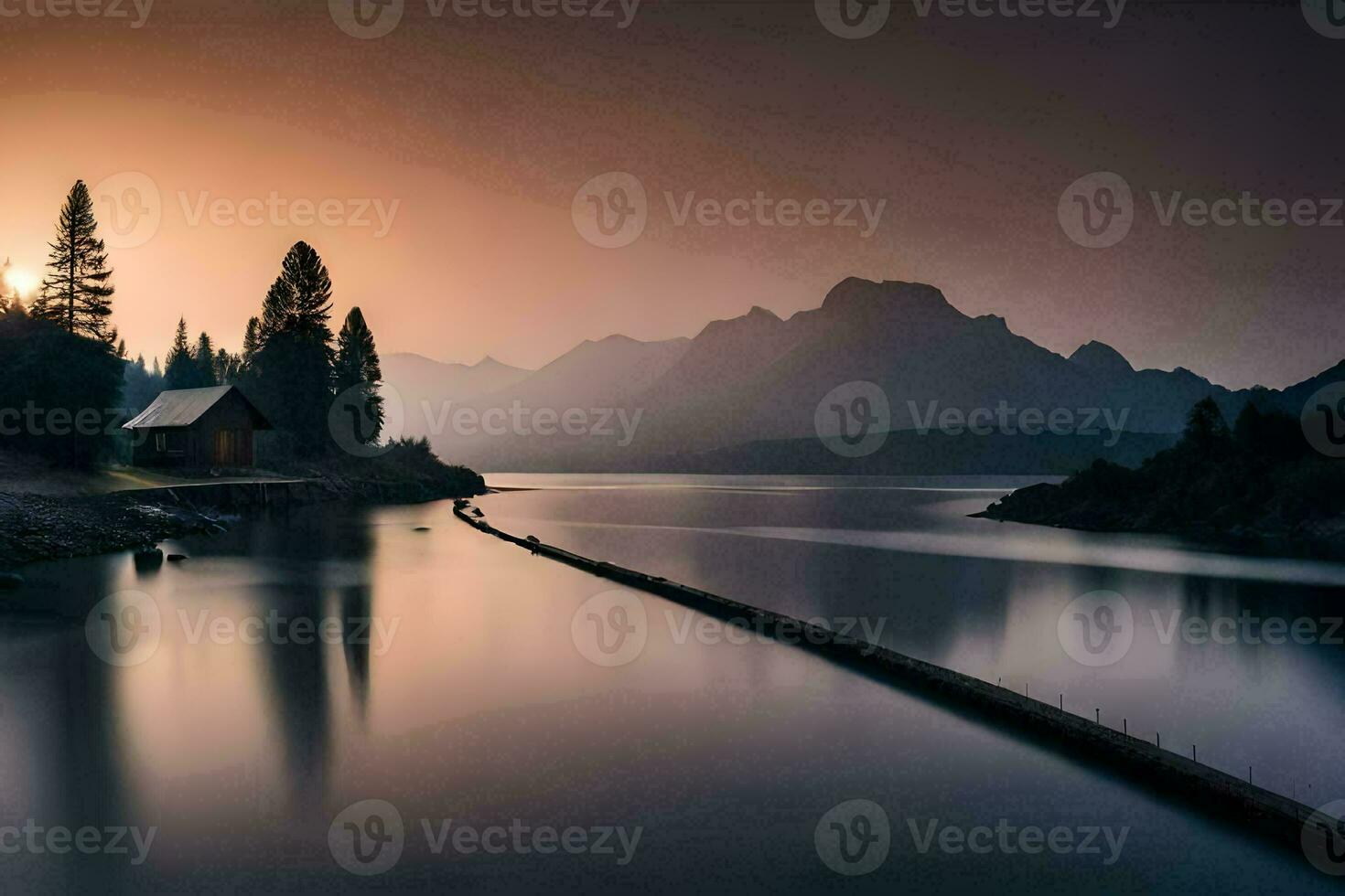 a lake with a wooden dock and mountains in the background. AI-Generated photo