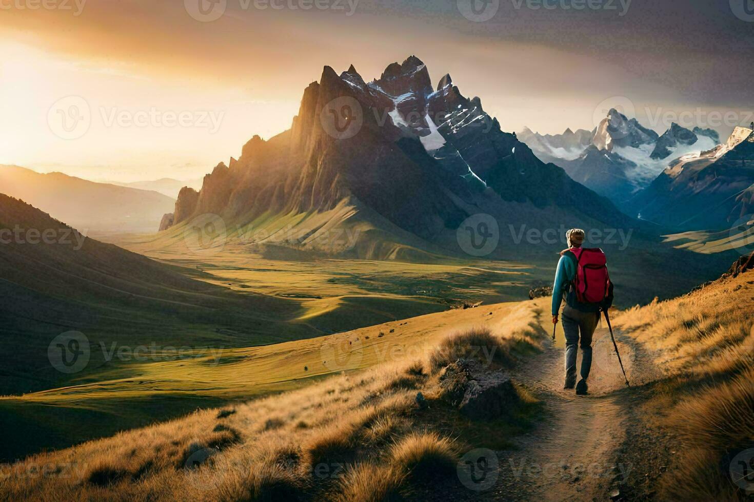 un hombre con mochila caminando en un sendero en el montañas. generado por ai foto