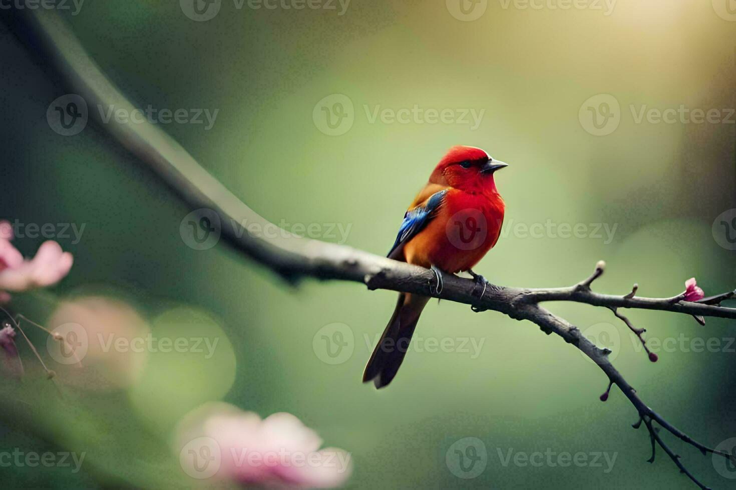 a red bird sits on a branch with pink flowers. AI-Generated photo