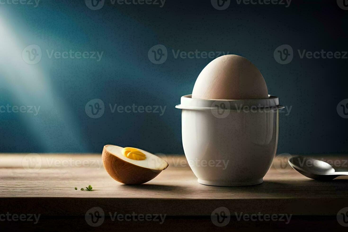 an egg is sitting in a cup on a table. AI-Generated photo