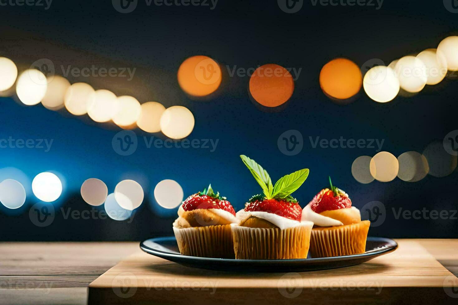 three cupcakes on a plate with a light background. AI-Generated photo