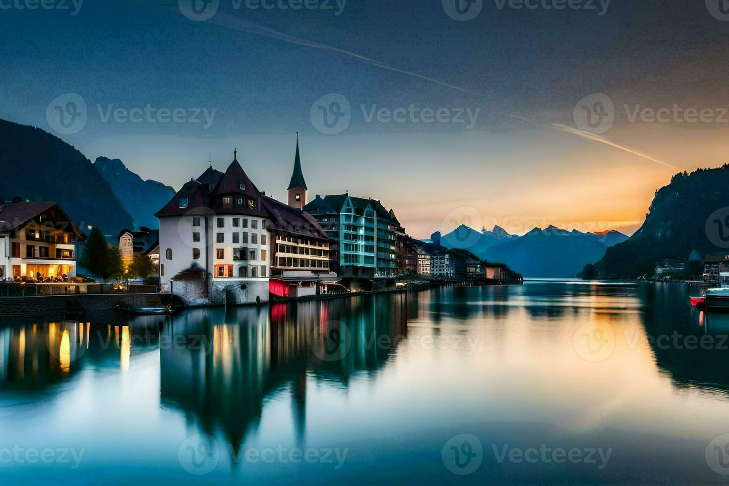 the sun sets over a town on the water. AI-Generated photo