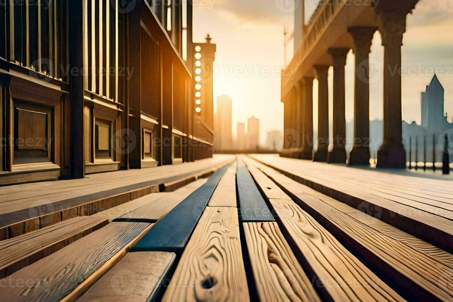 wooden walkway with city skyline in background. AI-Generated photo