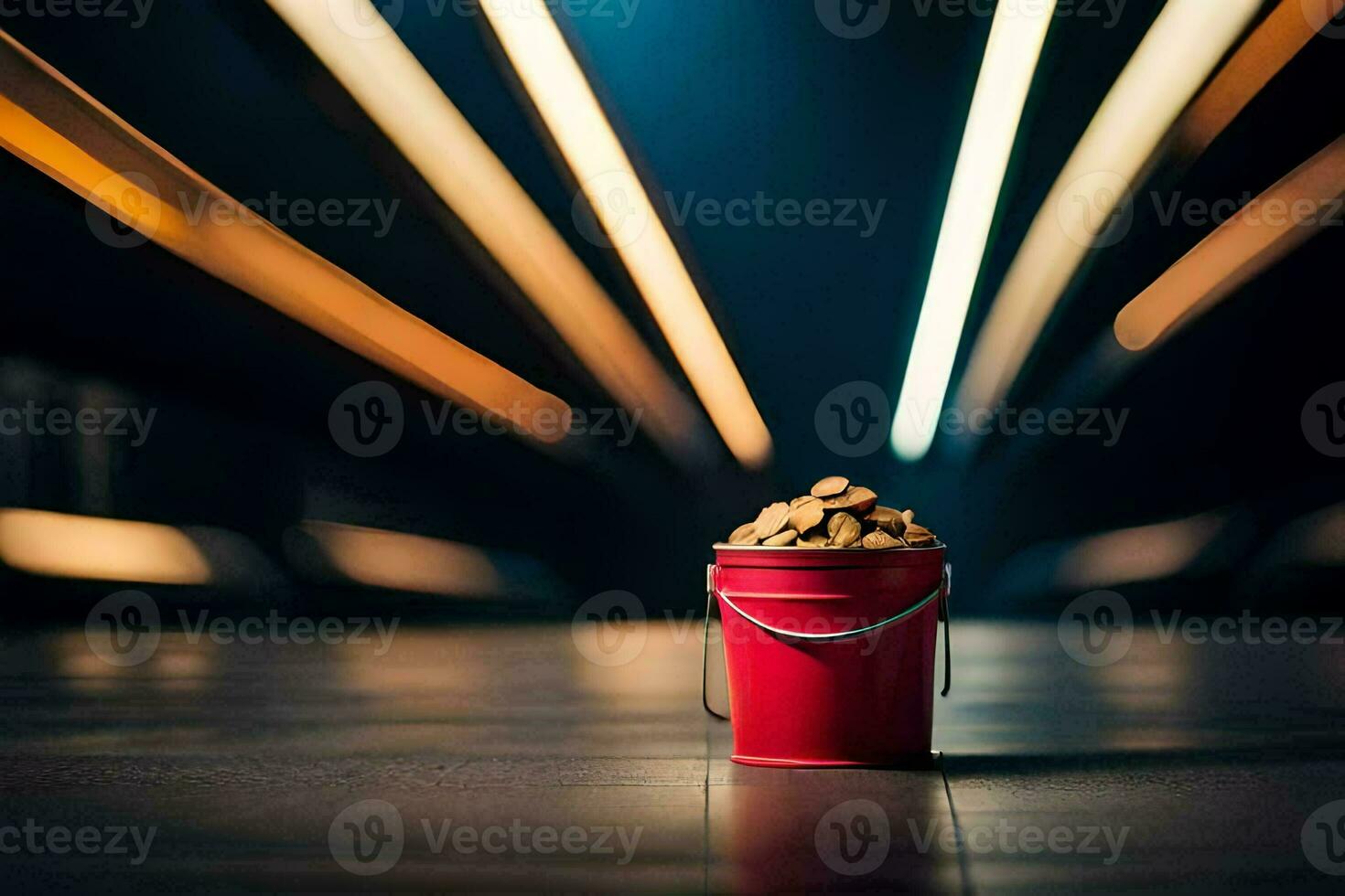 a red bucket filled with coins on a subway platform. AI-Generated photo