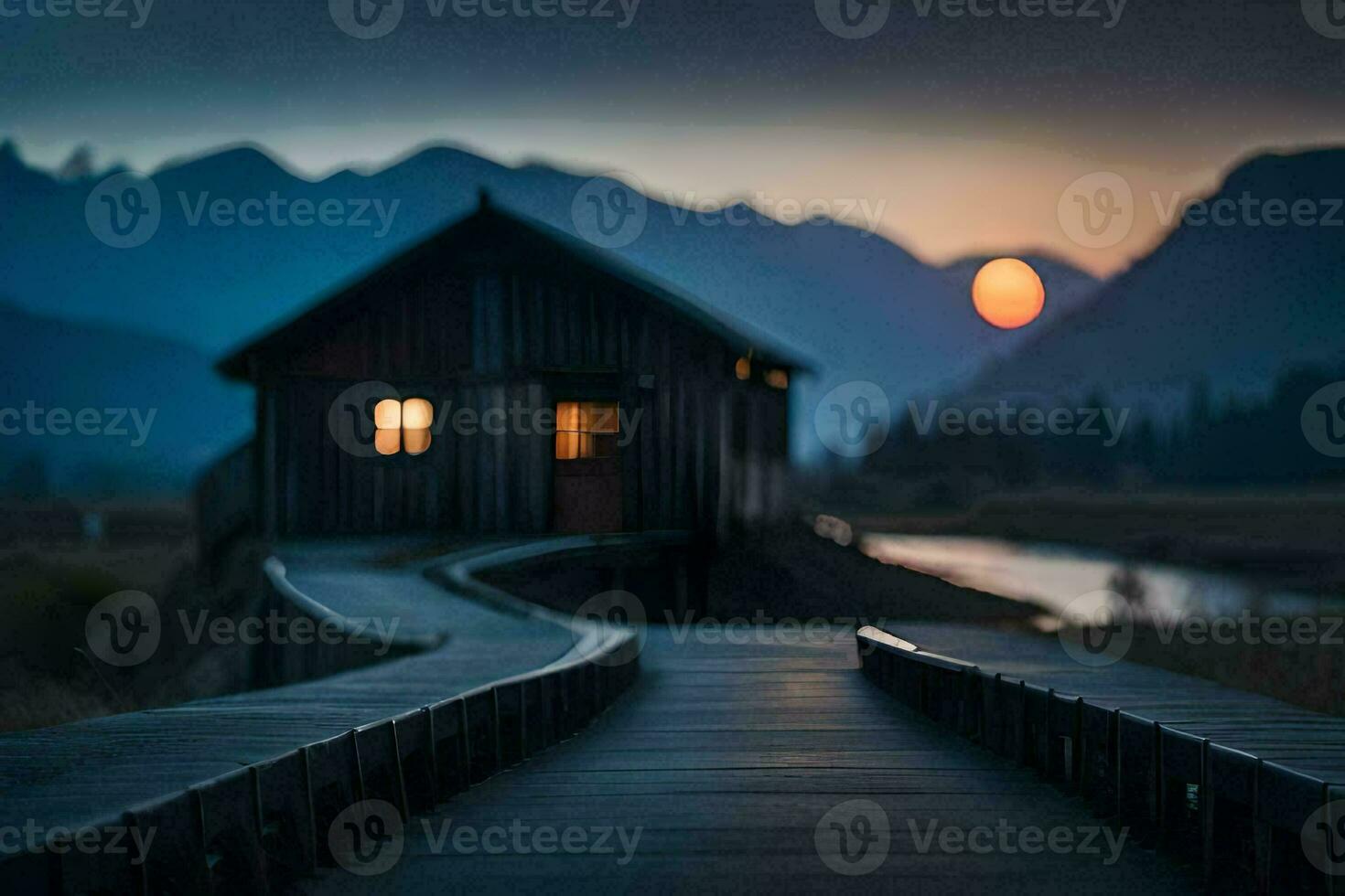 a wooden walkway leads to a cabin in the mountains. AI-Generated photo