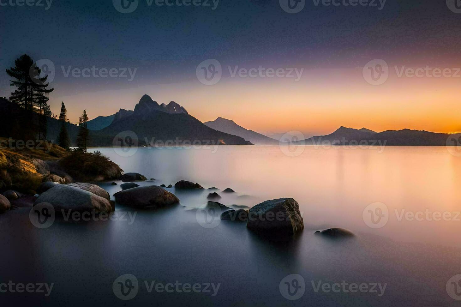 a beautiful sunset over a lake with rocks and trees. AI-Generated photo