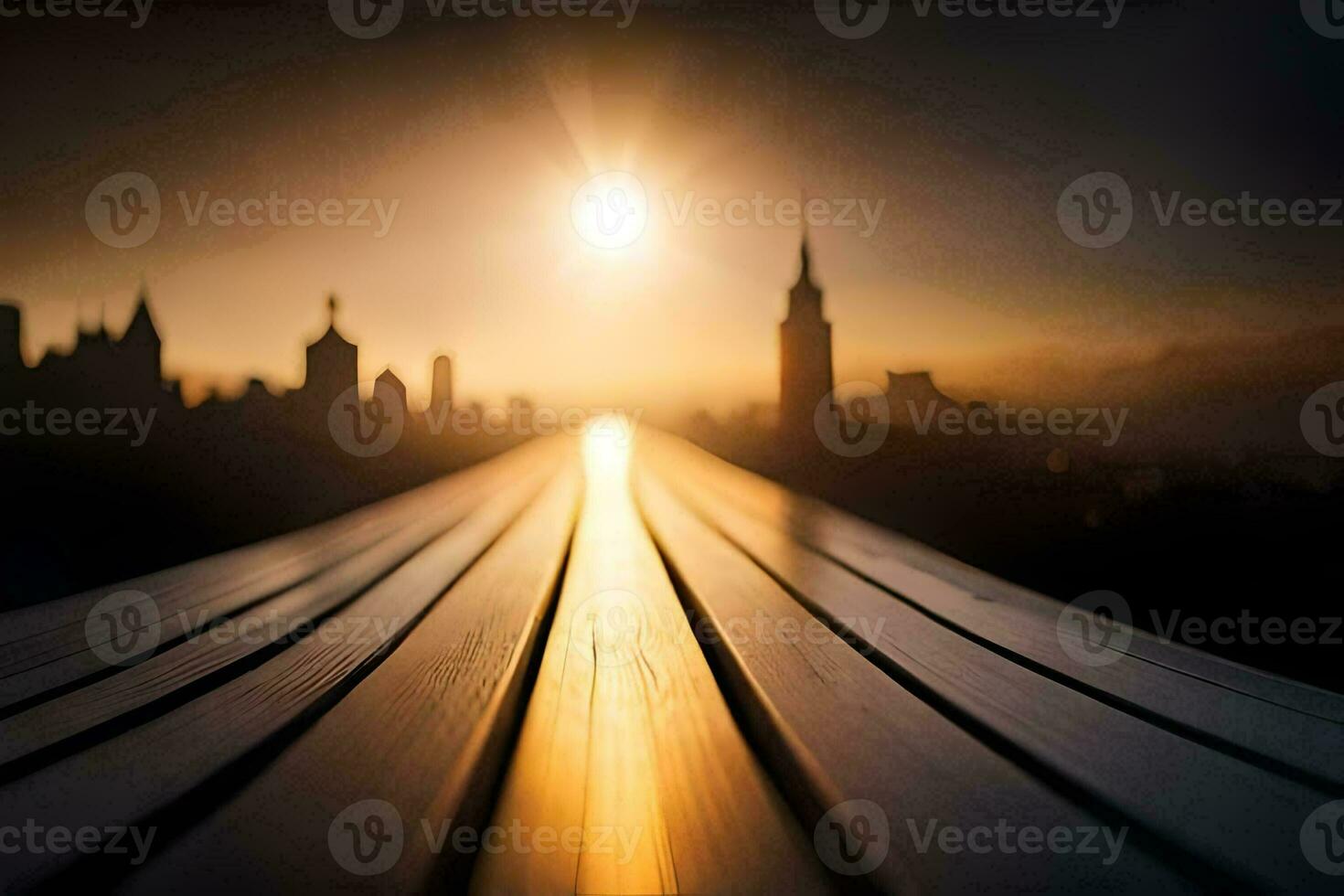 a long wooden bench with the sun setting over a city. AI-Generated photo