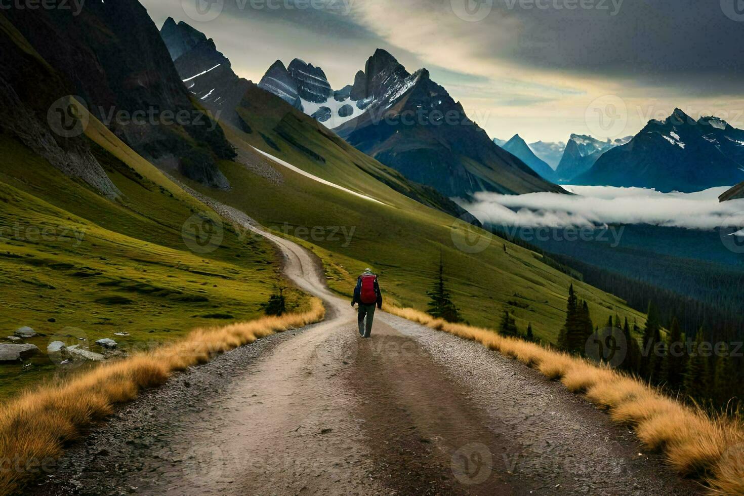 a man walking down a dirt road in the mountains. AI-Generated photo