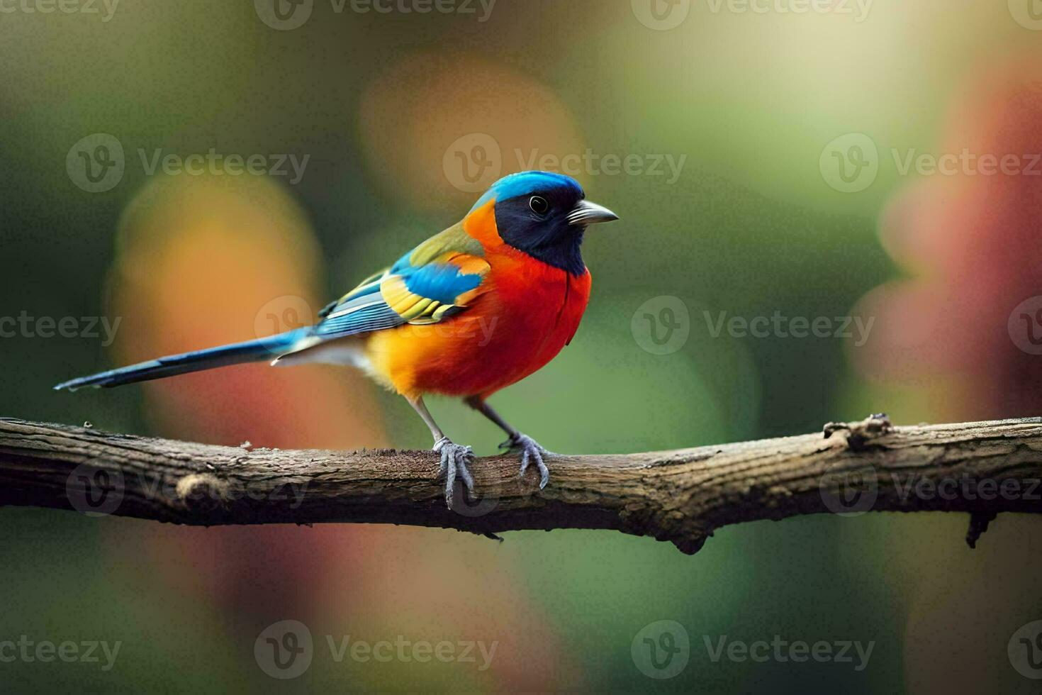 a colorful bird sits on a branch. AI-Generated photo