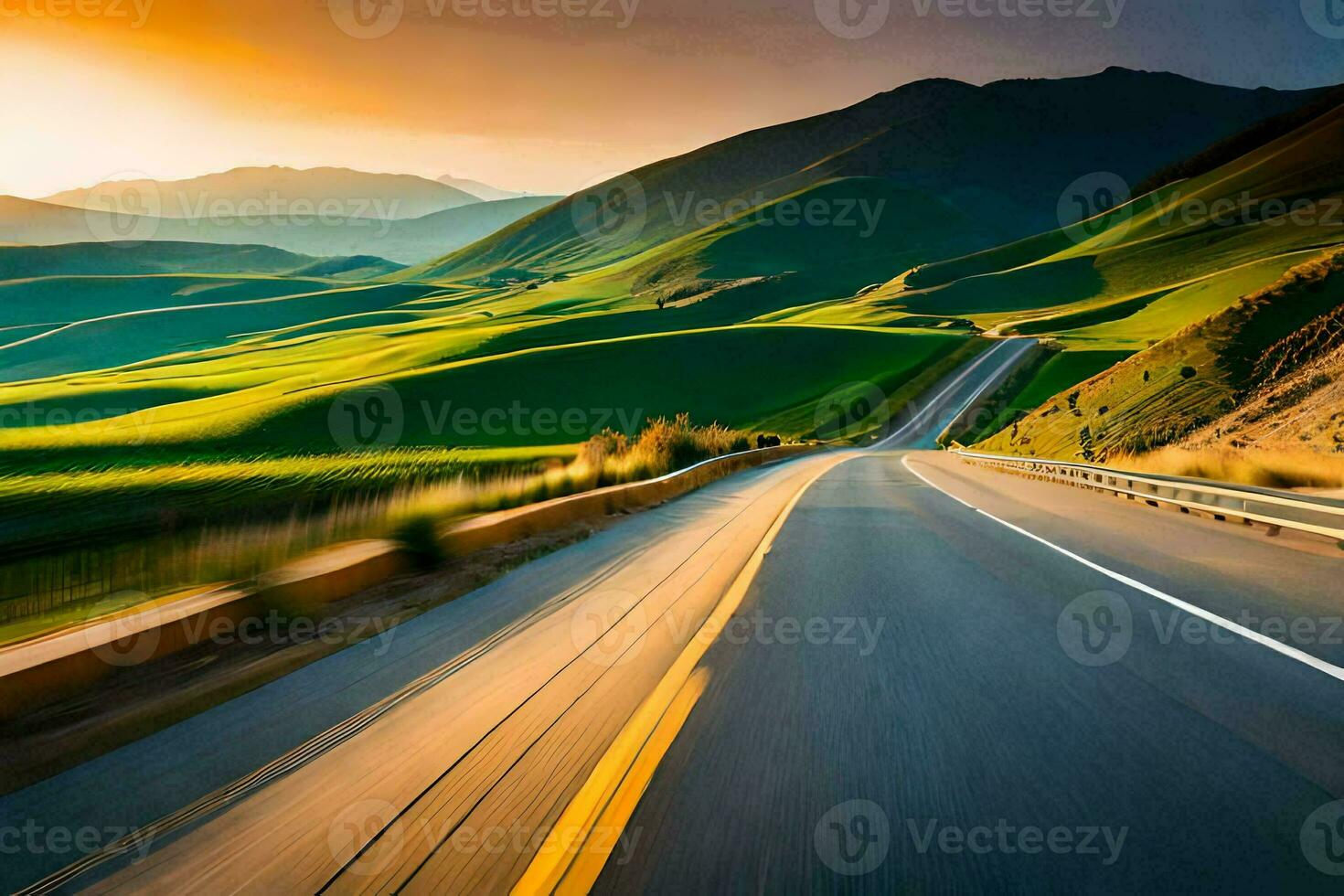 a road in the mountains with a sunset. AI-Generated photo