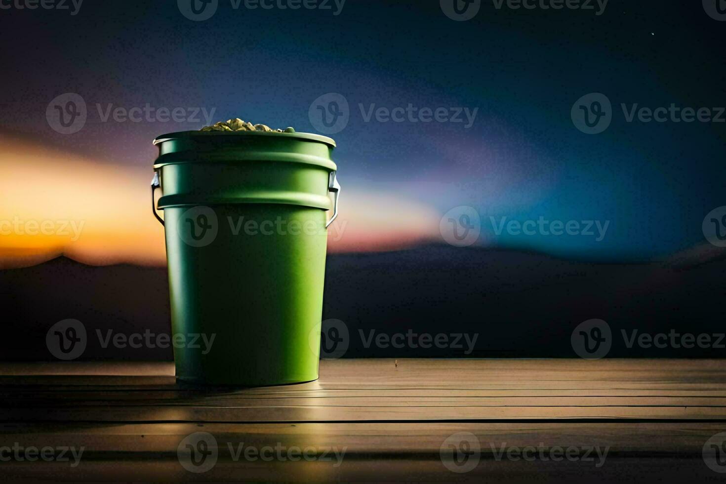 a green bucket sitting on a wooden table with a sunset in the background. AI-Generated photo
